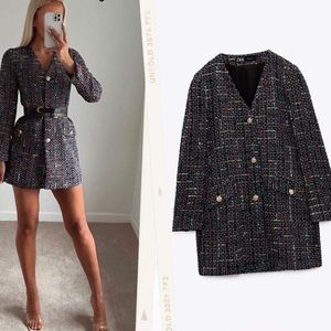 Zara tweed blazer with belt textured long jacket small gold buttons blue